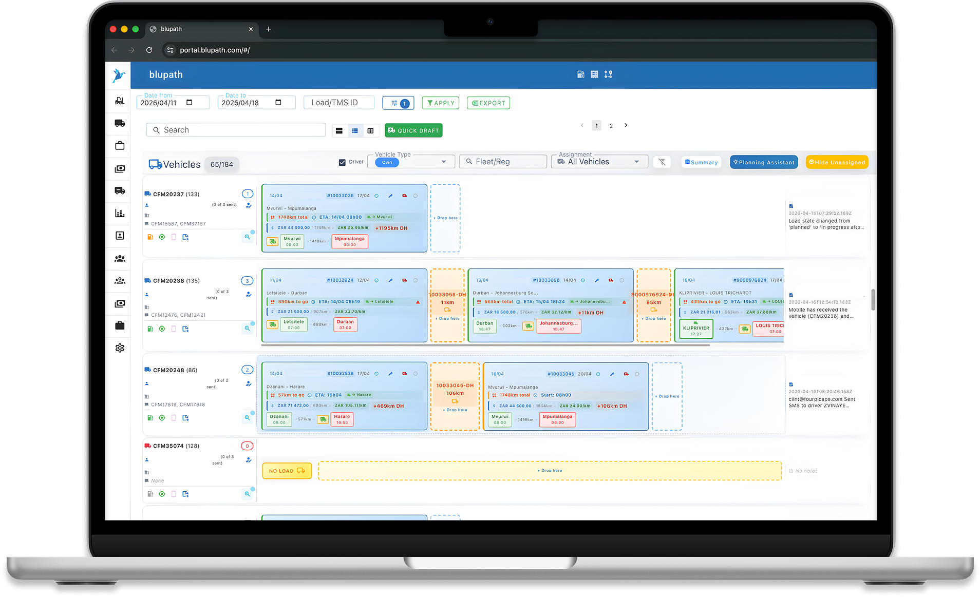 Blupath load planning and transport execution dashboard